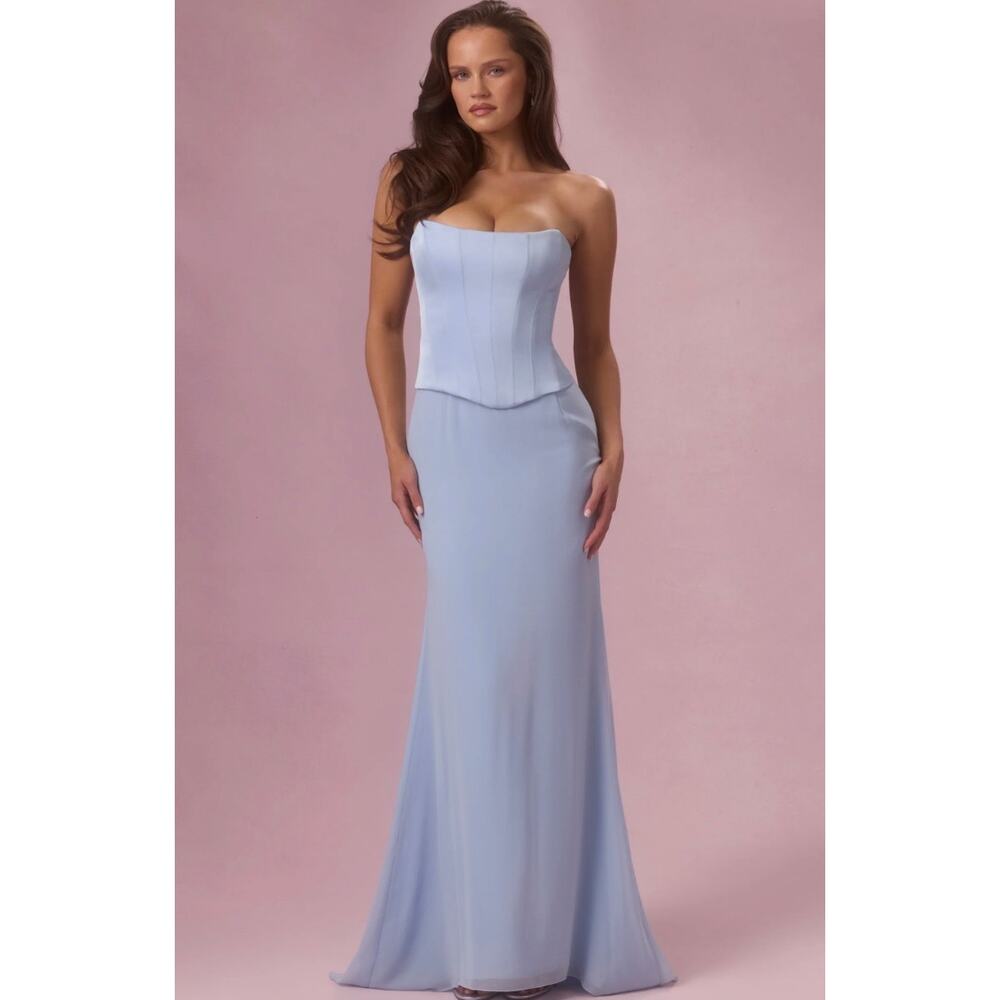 Oh Polly Avielle Satin Corset Bridesmaid Maxi Dress Sky Blue Size 2 New - Picture 2 of 9
